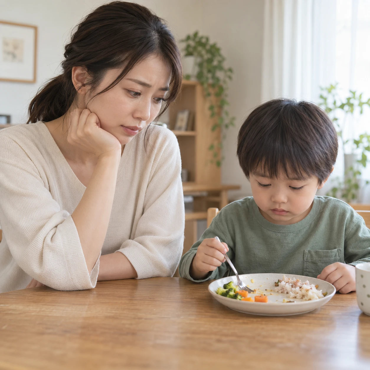 子どもの食べ残した食事を見て、食事量を気にかける母親のイメージ