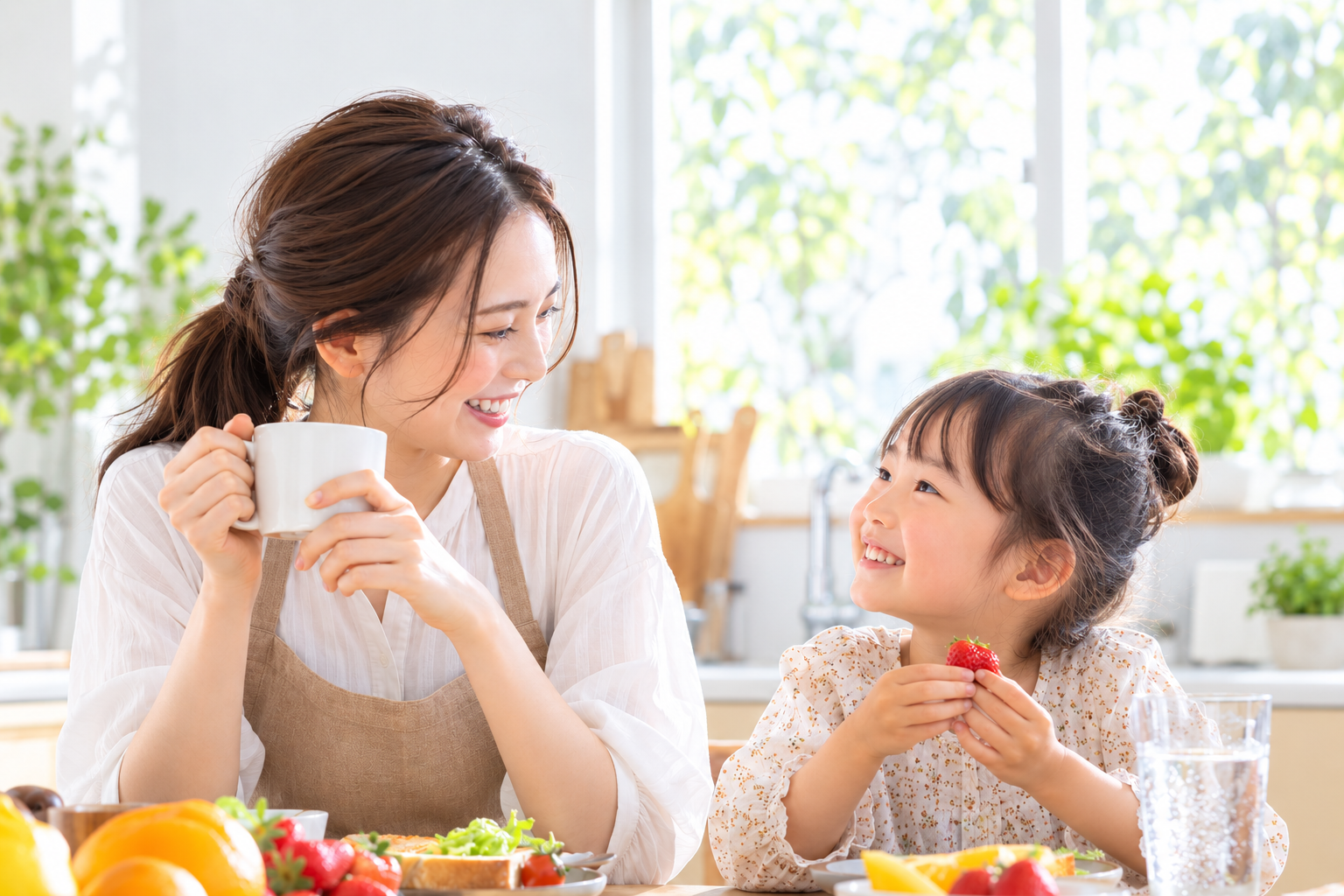 みずみずしい朝の食卓で笑顔を交わす母親と娘のイメージ