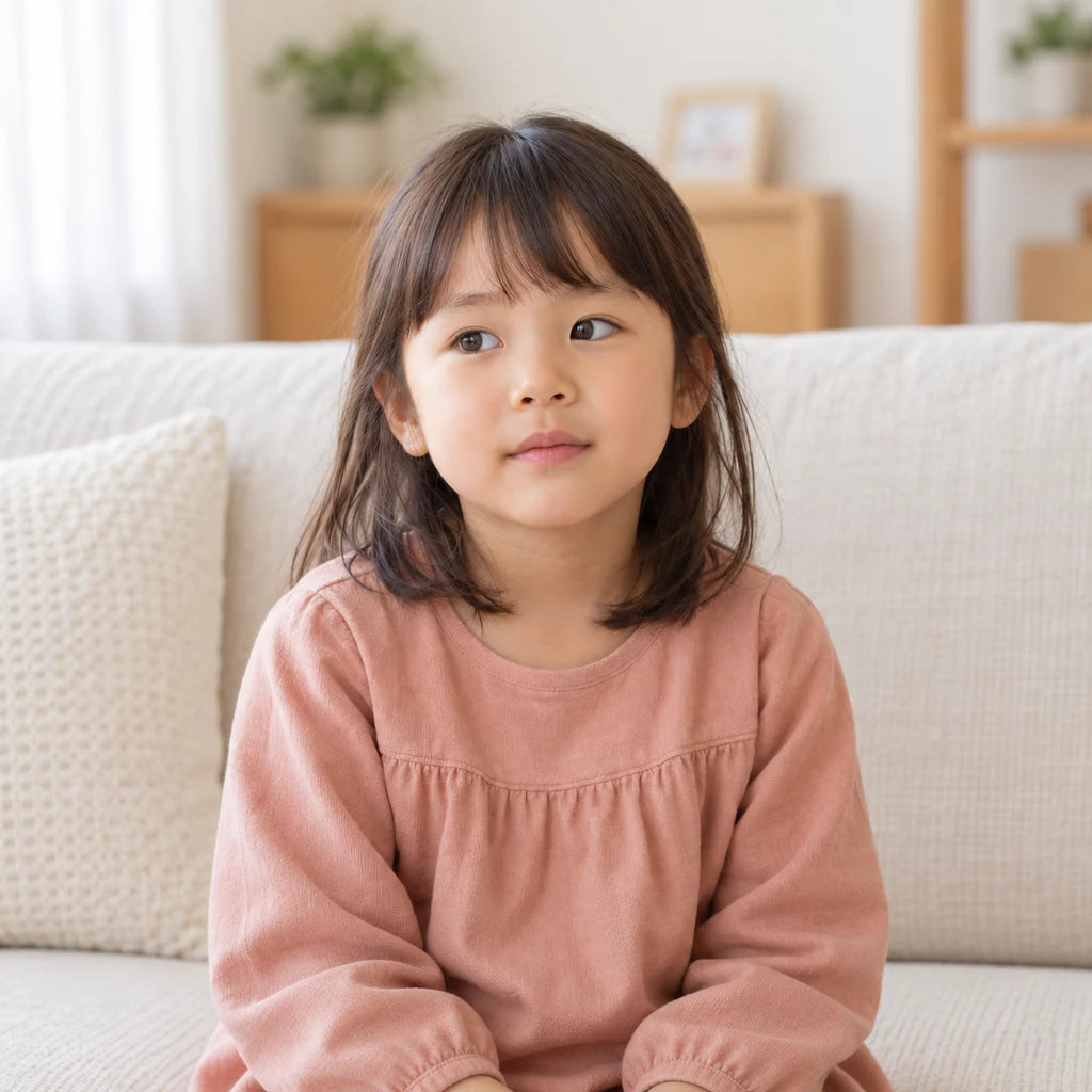 自然光の室内で、少し視線を外して座る女の子のイメージ