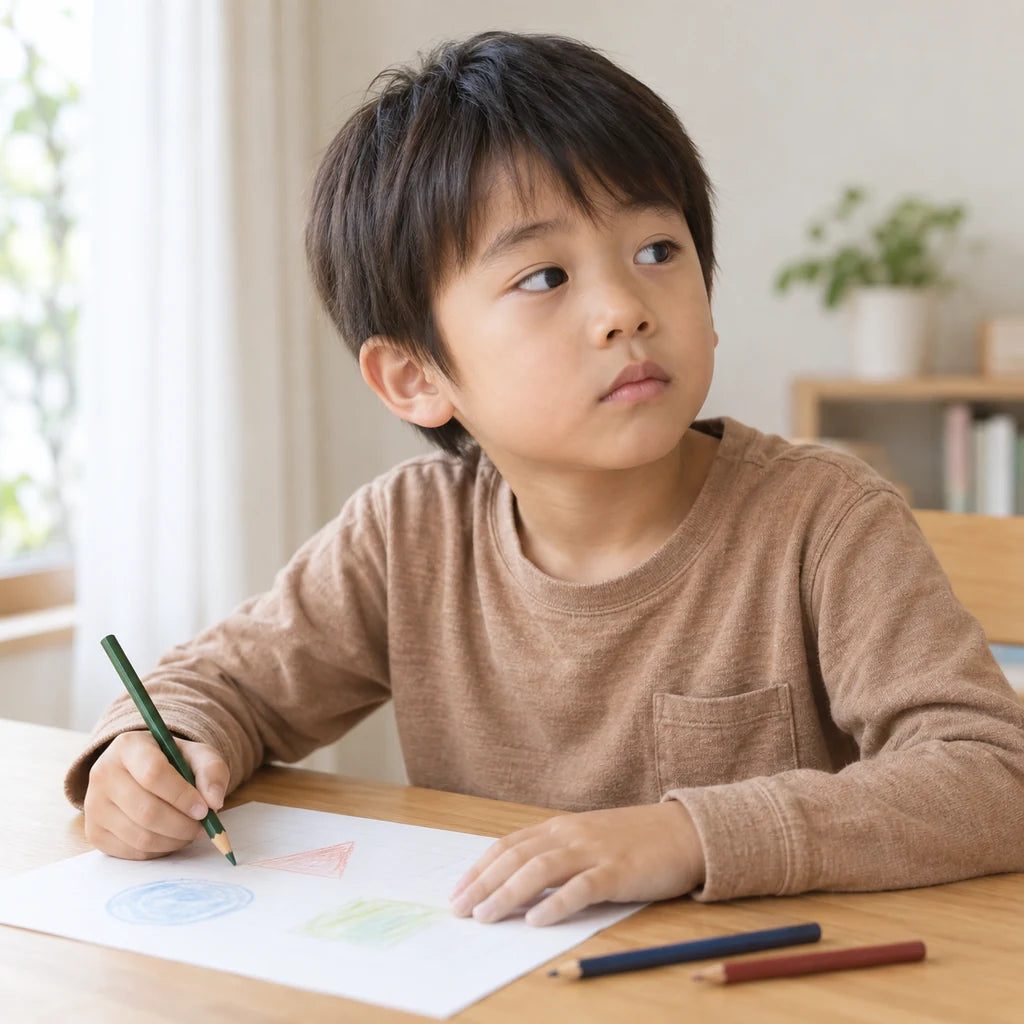 お絵描きの途中に視線がそれている男の子のイメージ
