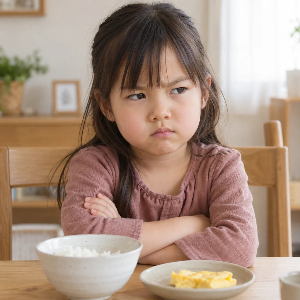 家庭の食卓で少し不機嫌な表情の女の子のイメージ