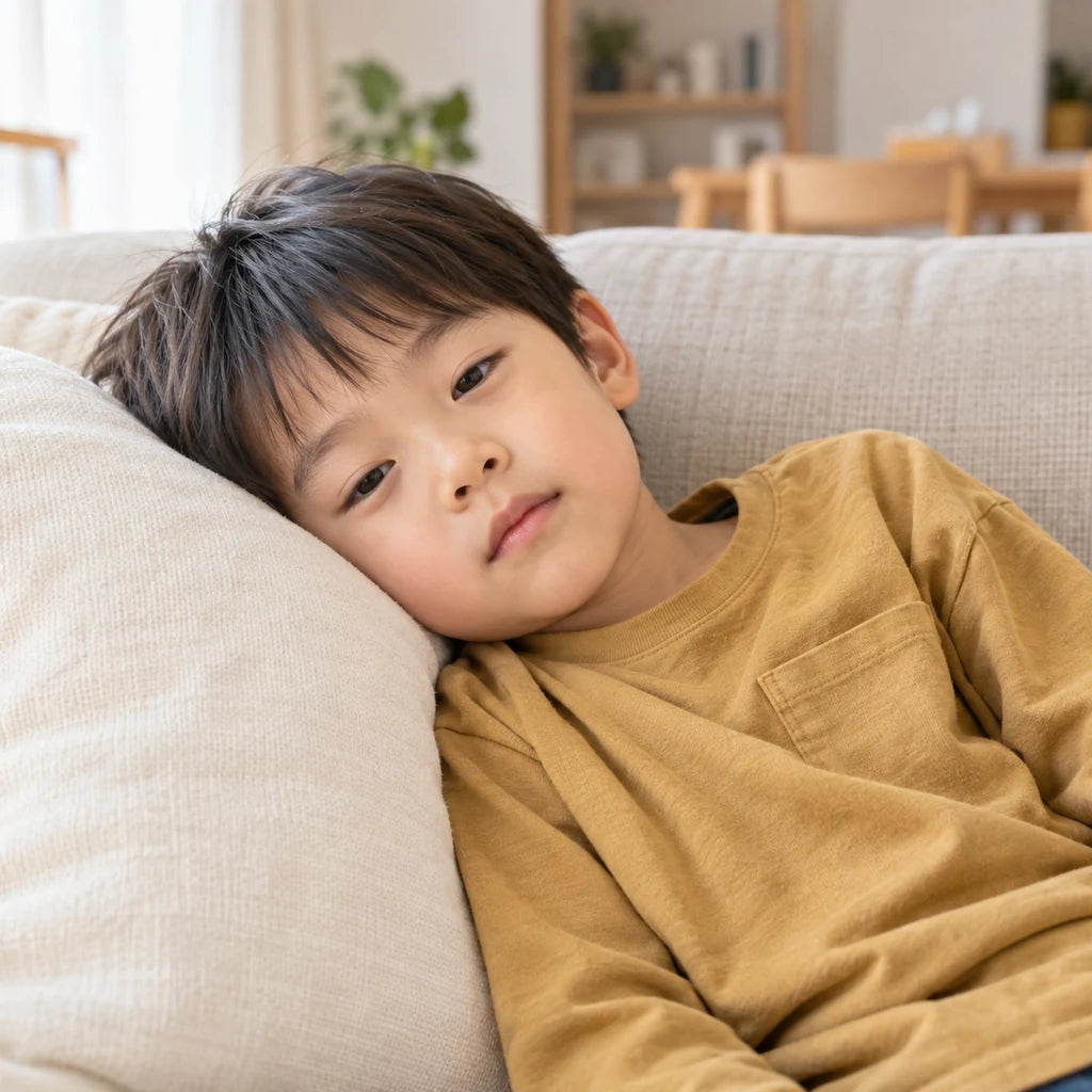 昼間、ソファのクッションでひと休みする男の子のイメージ