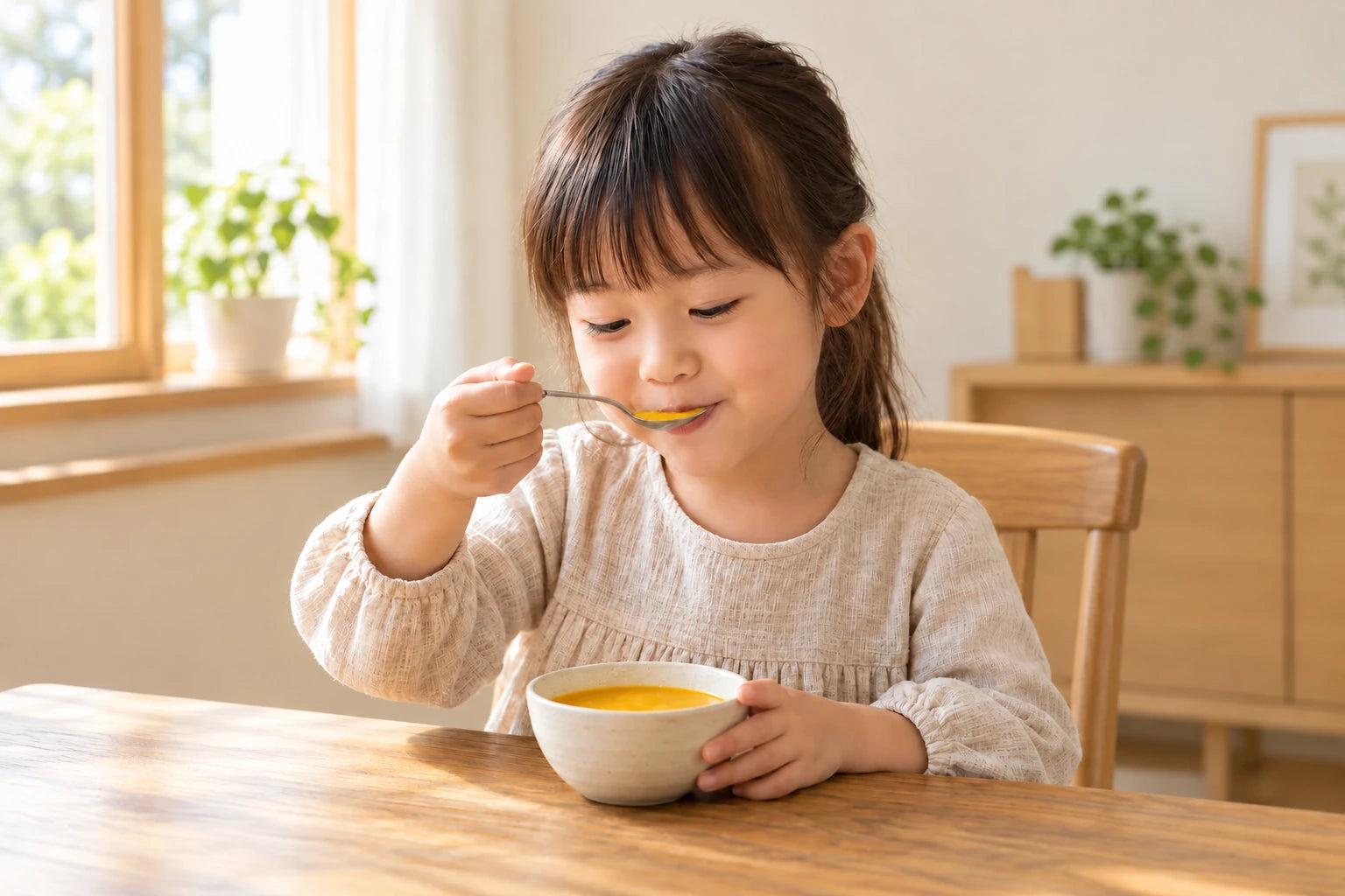 小さな器で食事を楽しむ子供